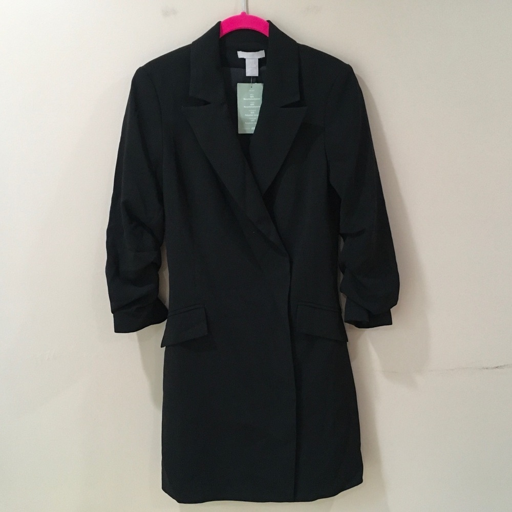 H&M Blazer Dress Mini Black Reached Sleeve Tailored Snaps Women XS New Classic